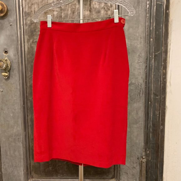 Vintage 90s Krizia Jeans red velvet knee length pencil skirt High End designer M - Picture 6 of 7